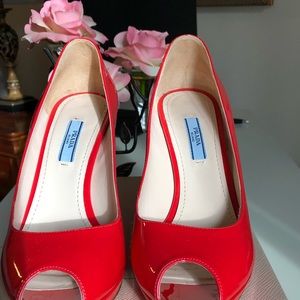 Prada Vernice Red Peep Toe Patent Leather Pump